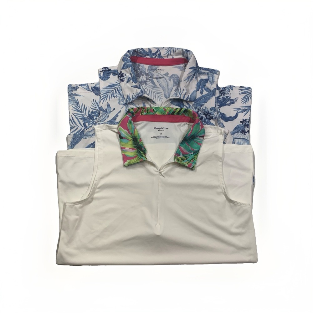 2) Tommy Bahama Active Women's L 1/4 Zip Sleeveless Golf‎ Top Floral Blue White